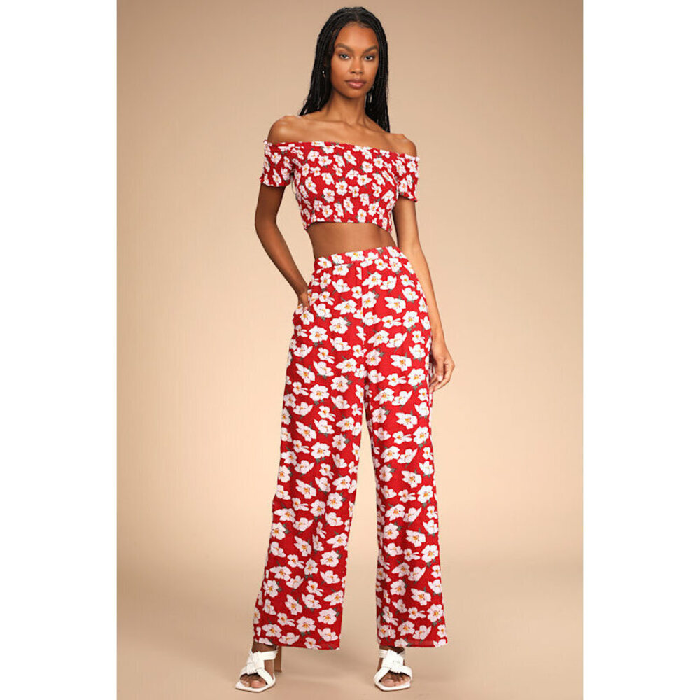 Lulus Flirty Flowers Red Floral Print Smocked Two-piece Jumpsuit - Size M